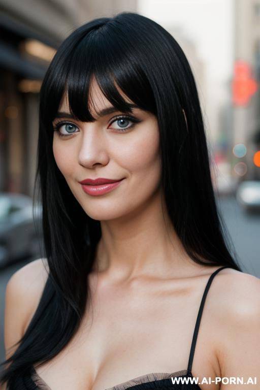 (woman 1), snobby, masterpiececondescending smile, fair skin, blue eyes, black hair, straight bangs, angry face, ultra-detailed, professional photography, - #main