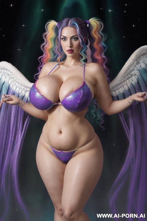 ((eaglewoman with multi-colored wings, woman with unrealistic enhanced augmented beautify boosted inflated traits, (sexy swedish british german american irish french facial trait),, (vivid rainbow - #main