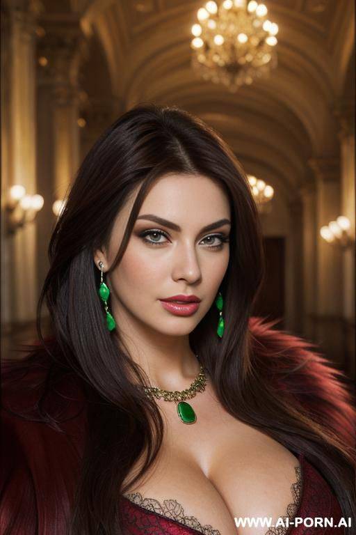 ultra realistic hot busty woman brunette, red fur coat. earrings, necklace, makeup, strong dark eyelines, direct eye contact with viewer - #main