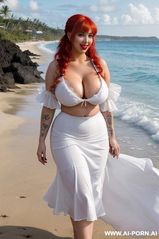 (tattooed, long fluffy curly twin tails bangs vivid red hair, late twenties pinup gothic witch, big green silver irises, straight snub nose, pouty bbl lips, beautify readjusted tall chubby beautify - #main