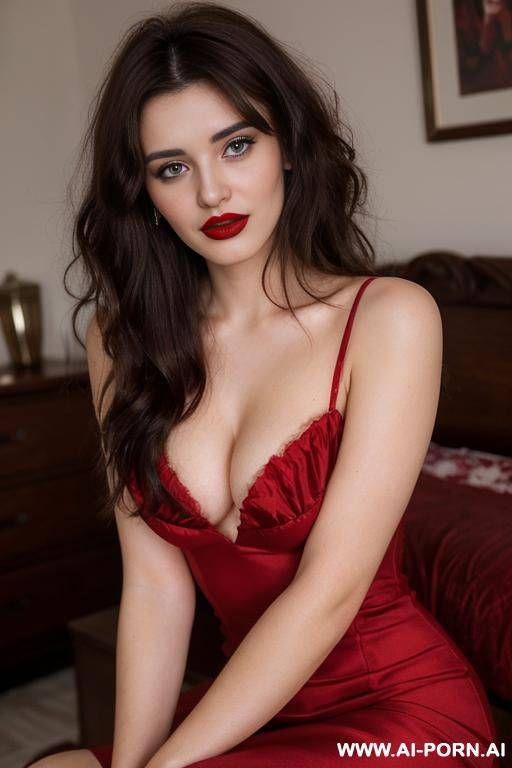 brunette wearing red dress with lipstick - #main