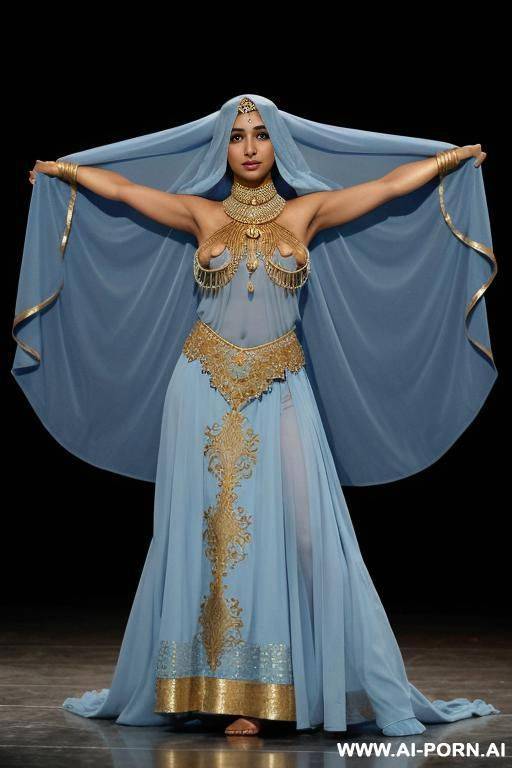 dark-skinned middle eastern woman. wearing a light blue, flowing, loose-fitting middle eastern dance costume. a light blue face veil is partially covering her face. a light blue, topless. gold-toned, ornate elry accents her upper arms. - #main
