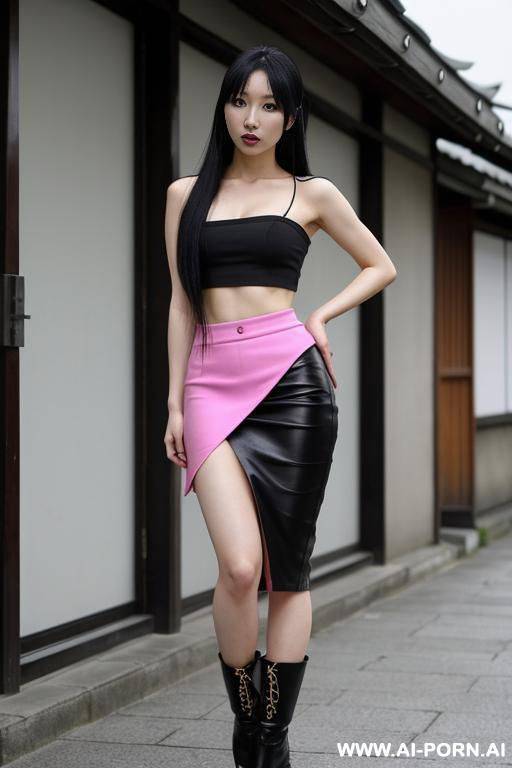 chinese woman, 2, black hair, cyan skirt, cyan boots, pink crop top, long hair - #main