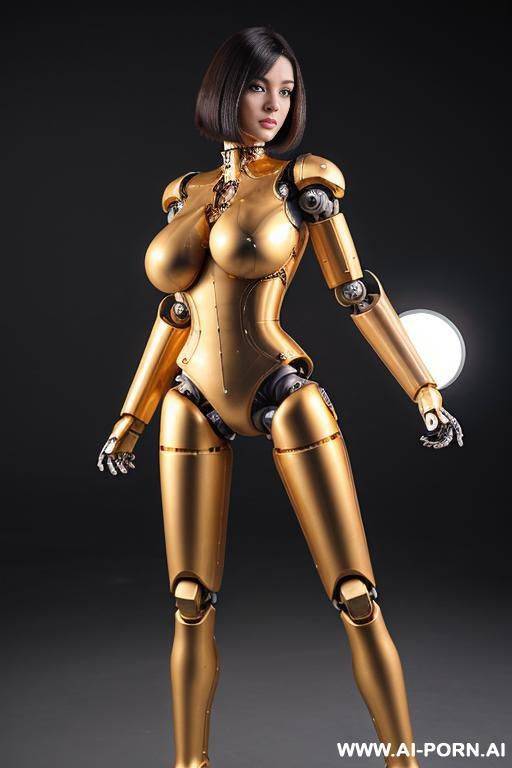 beautiful realistic (( taur-women fully robotic body standing four legs)), detaleid face, skin in latex gold plated color, covered to latex, to boots, to beautiful robotic hand hd image quality, ((no background)). - #main