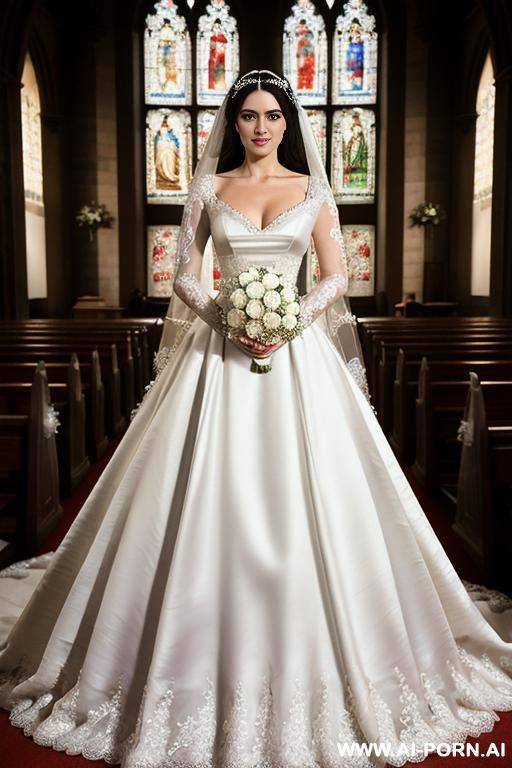 white princess with long black hair wearing medieval wedding gown and lots of elry, making a funny face - #main