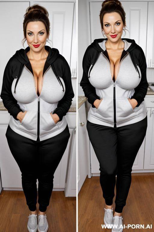 a pin-up milf, ((giant breasts)), (flirtatious look on her face) (detailed face) (wearing a hoodie) (realistic clothes) (her hoodie is zipped up) - #main