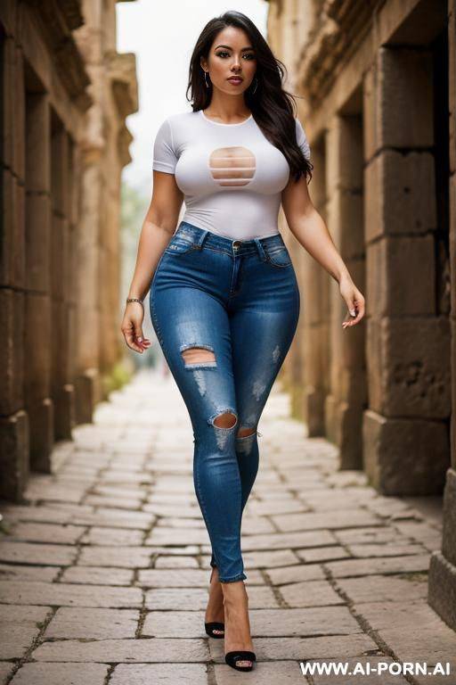 in oversise t shirt and highly ripped very very very tight jeans, high heels, in sexy pose, full body image walking on a ancient city at sexy pose - #main