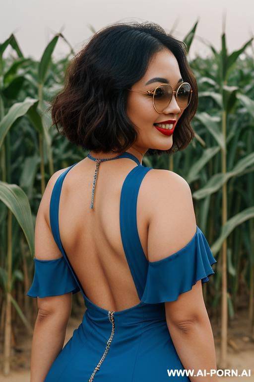 a chubby thai woman with shoulder-length curly bob hair, wearing sunglasses, fair skin, red lips, laughing (blue halter neck dress, deep back cut showing buttocks), cornfield, thailand - #main