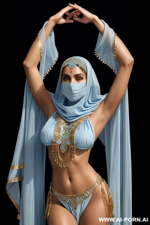 dark-skinned middle eastern woman. wearing a light blue, flowing, loose-fitting middle eastern dance costume. a light blue face veil is partially covering her face. a light blue, form-fitting - #main