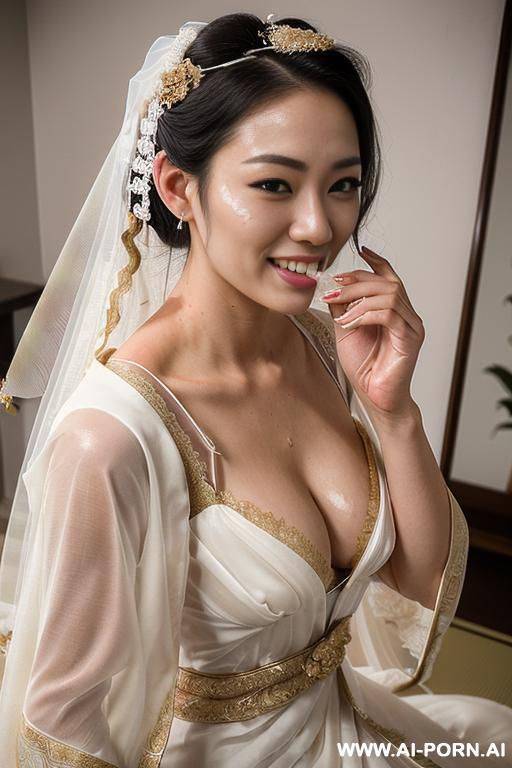 ((two kawaii korean women with natural boobs)), (((perfect high quality kawaii face))), (messy purple and white twin braided hair and updo ), ((gold wedding veil and kimono)), (cum on boobs and - #main