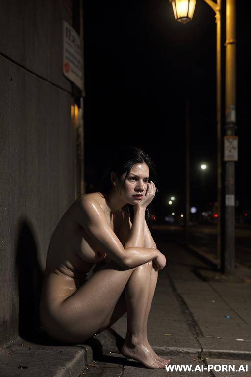 a beautiful woman in her mid-20s, sitting alone on a cold, cracked sidewalk at night, under a dim streetlight. she is nearly unclothed, wearing only torn, mal clog, portraying the impact of - #main
