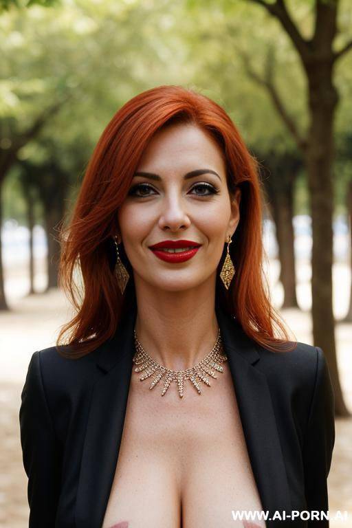 arafed woman with big breasts (perfect boobs) (arabic) (german), natural boobs, red lipstick, teardrop tits, saggy tits, show hairy pussy, business jacket, earrings, necklace, - #main