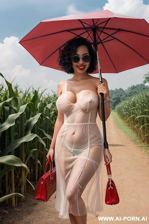 thai woman, curly bob hair to shoulder length, wearing sunglasses, fair skin, red lips, plump, laughing, big breasts, naked, showing breasts, showing vagina (hand holding umbrella handle) (strapless - #main