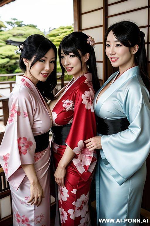 trio of sexy japanese in kimono, big breast squized ther breast - #main