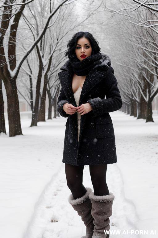 20s, latina, naked, winter, snow, short wavy hair, seductive expression, closed mouth, winter boots - #main