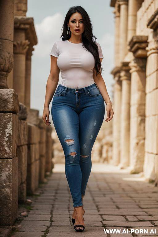 in oversise t shirt and highly ripped very very very tight jeans, high heels, in sexy pose, full body image walking on a ancient city at sexy pose, cuddle with a man - #main