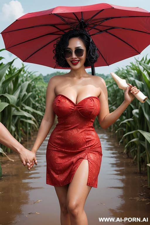 thai woman, curly bob hair to shoulder length, wearing sunglasses, fair skin, red lips, plump, laughing, big breasts, naked, showing breasts, showing vagina (right hand holding umbrella handle) (left - #main