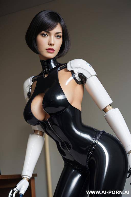 beautiful realistic (( taur-women schemale fully latex robotic body standing four legs)), detaleid face, skin in latex white plated color, covered to latex, to boots, to beautiful robotic hand hd image quality, ((no background)). - #main