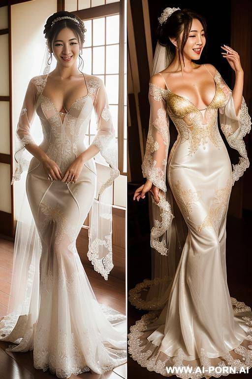 ((two kawaii korean women with natural boobs)), (((perfect high quality kawaii face))), (messy purple and white twin braided hair and updo ), ((gold wedding and chinese dress)), (cum on boobs and - #main
