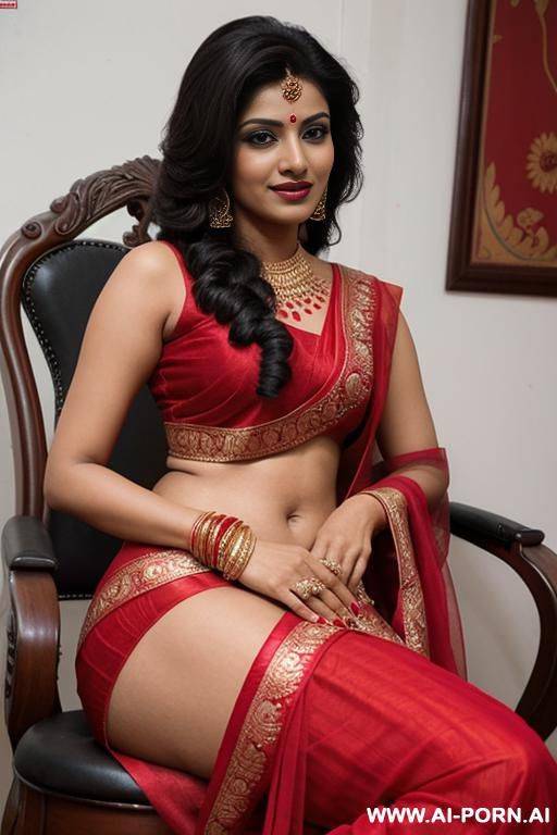 an indian fair women in a red saree ,sitting on a chair showing her pussy and fingering - #main