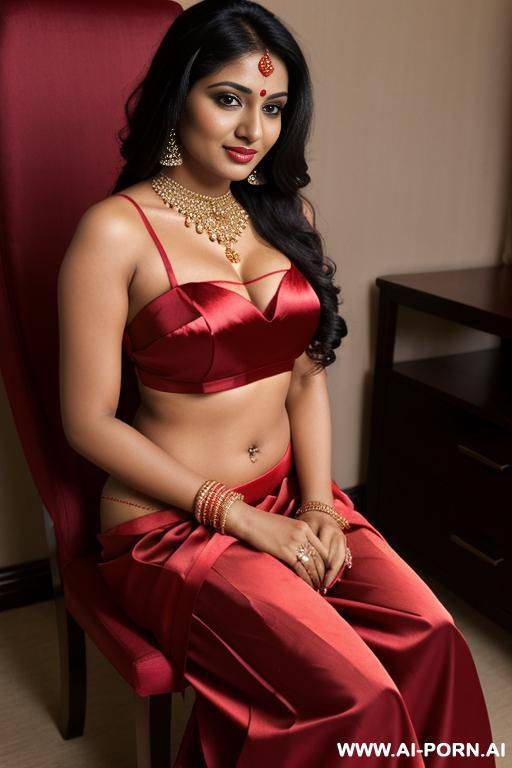 an indian fair women in a red saree ,sitting on a chair and fingering - #main