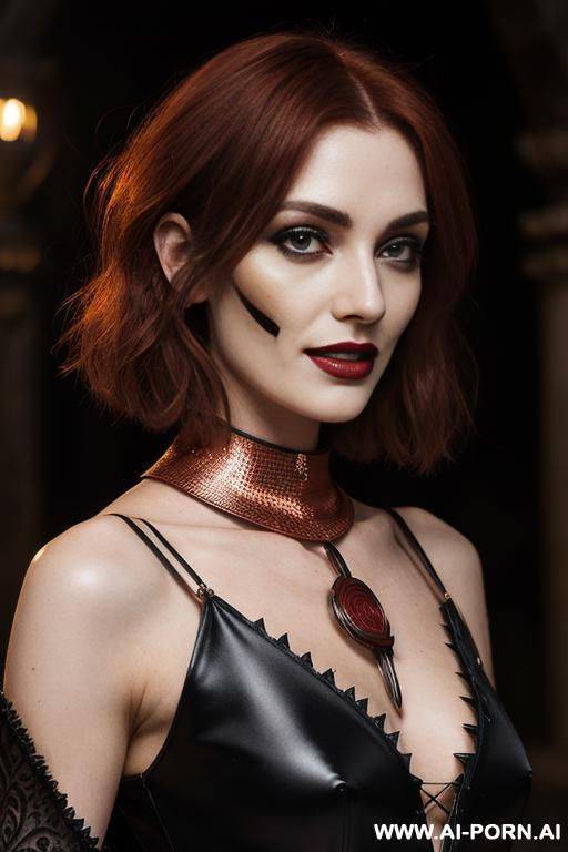 confident lady vampire, scary badass vampire teeth, seductive wide smile smirk, deep forests old ruins, (hypnotic glow art, uv reactive), shining magic hazel eyes, sleeveless, natural ashen skin, - #main