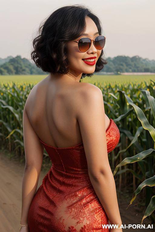 thai woman, chubby, curly bob hair to shoulder length, wearing sunglasses, fair skin, red lips, laughing, naked, red dress, open buttocks, showing buttocks, corn field, thailand - #main