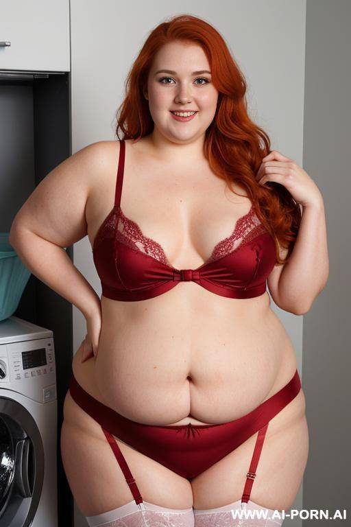 half-length photo, as a setting in the laundry area, a fat chubby (very obese with hips) fat thick and bbw redhead british, she is washing clothes and is soaked in foamy water. she has - #main