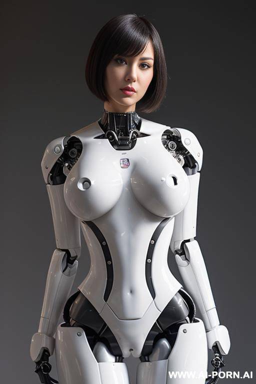 beautiful realistic (( taur-women fully latex robotic body standing four legs)), detaleid face, skin in latex white plated color, covered to latex, to boots, to beautiful robotic hand hd image quality, ((no background)). - #main