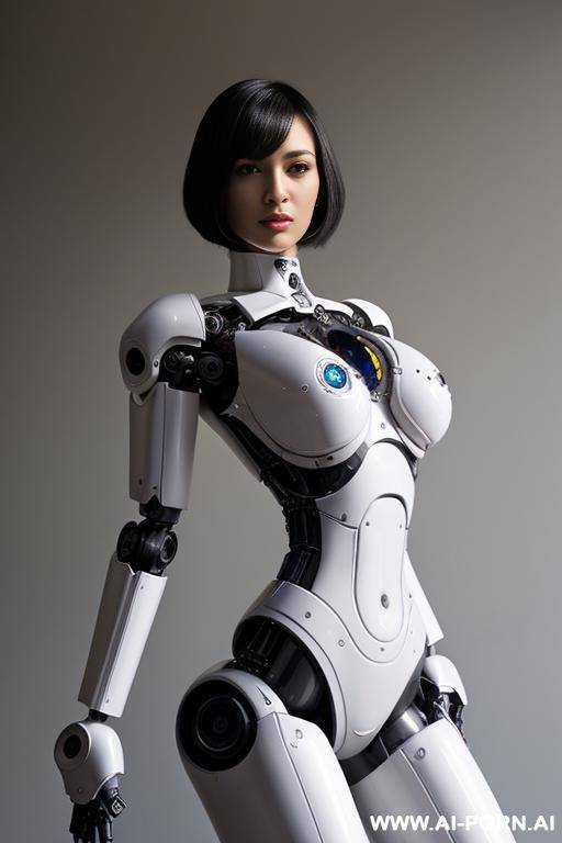 beautiful realistic (( taur-women fully robotic body standing four legs)), detaleid face, skin in latex white plated color, covered to latex, to boots, to beautiful robotic hand hd image quality, ((no background)). - #main