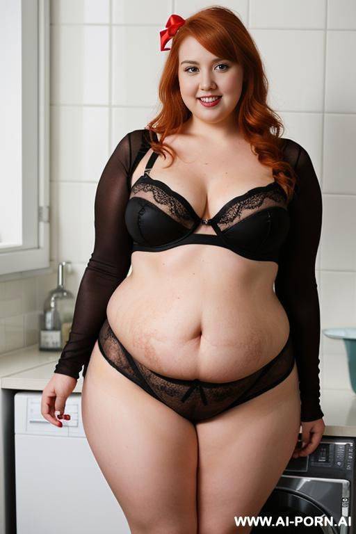 half-length photo, as a setting in the laundry area, a fat chubby ((very obese nice with hips and fat legs, shes is 10kg curvy but very obese)) fat thick and bbw redhead british, she is - #main