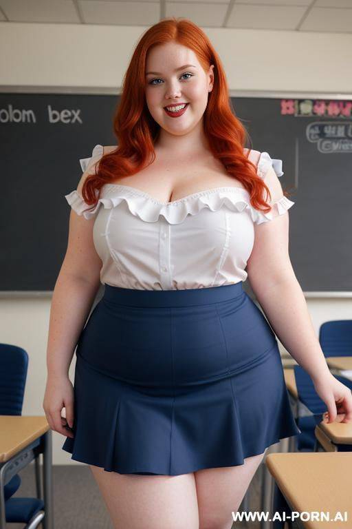close up full body photo shot, about at classroom, chubby very obese with hips and fat legs redhead fat bbw curvy teacher, wearing a sexy and hot micro red ruffle skirt, and elegant top, teaching to the classroom. - #main