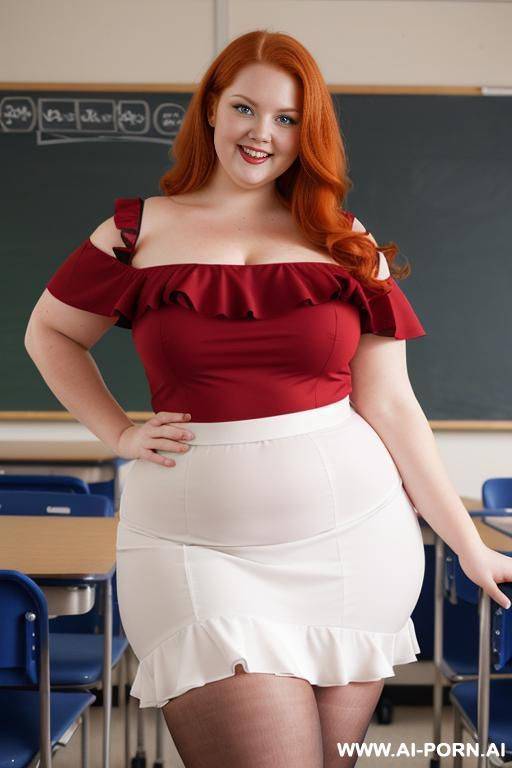 close up full body photo shot, about at classroom, chubby very obese redhead fat bbw curvy teacher, wearing a sexy and hot micro red ruffle skirt, and elegant top, teaching to the classroom. - #main