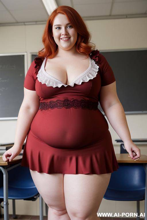 close up half body photo shot, about at classroom, very obese with hips and fat legs redhead fat bbw curvy teacher, wearing a sexy and hot micro red ruffle skirt, and elegant top, teaching to the classroom. - #main