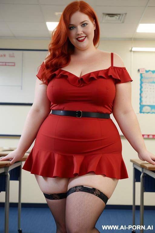 close up full body photo shot, about at classroom, very obese with hips and fat legs redhead fat bbw curvy teacher, wearing a sexy and hot micro red ruffle skirt, and elegant top, teaching to the classroom. - #main