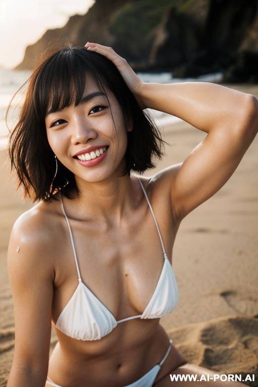 topless women with short hair who is very happy and laughing about the amount of cum dripping down her chin. there is no cum anywhere else - #main