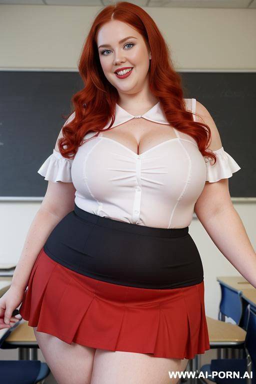close up half body photo shot, about at classroom, very obese with hips and fat legs redhead fat bbw curvy teacher, wearing a sexy and hot micro red ruffle skirt, and elegant top, teaching to the classroom. - #main