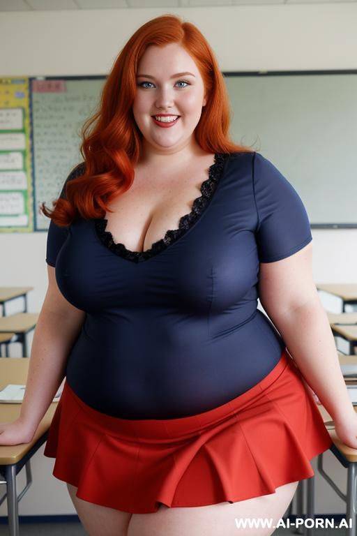 close up full body photo shot, about at classroom, chubby very obese redhead fat bbw curvy teacher, wearing a sexy and hot micro red ruffle skirt, and elegant top, teaching to the classroom. - #main