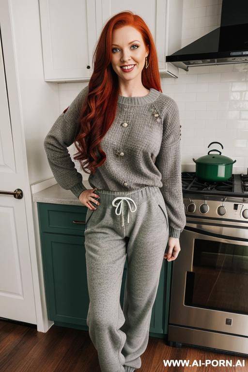 woman, full body, standing, long hair, expressive green eyes, wearing wine sweater and gray sweatpants, home kitchen - #main