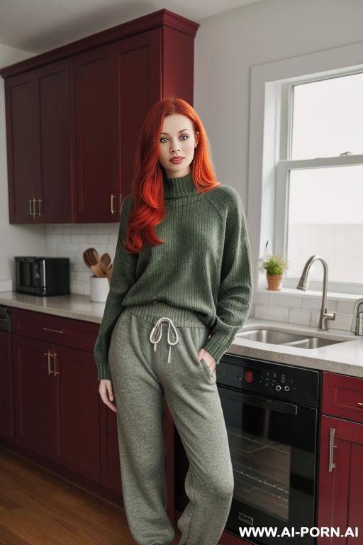 woman, full body, standing, long hair, expressive green eyes, wearing wine red sweater and gray sweatpants, home kitchen - #main