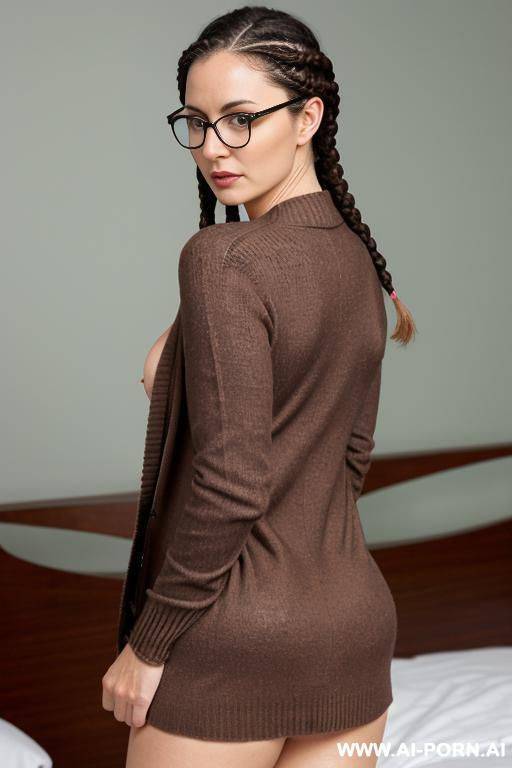 naked, nude, ((dark brown cardigan)), delicate silver necklace, spectacles, (eye contact, inviting, seductive, alluring, tempting, fuck me), from behind, nude ass, naked ass - #main