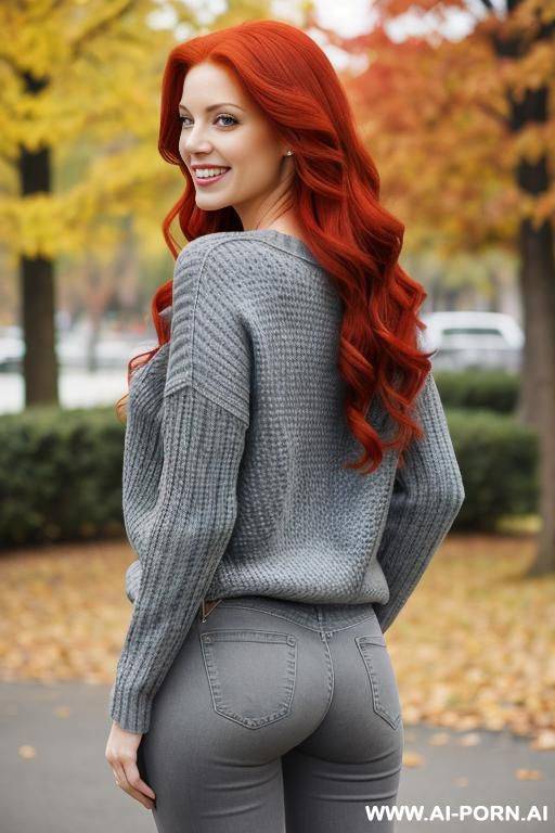 back view, red-haired woman, full body, standing, big smile, long hair, green expressive eyes. wearing blue jeans, gray sweater, park - #main