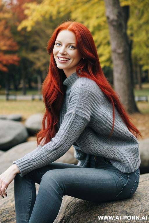 red-haired woman, full body, long hair, expressive green eyes, big smile. wearing blue jeans, gray sweater, sitting on a large rock in the park - #main