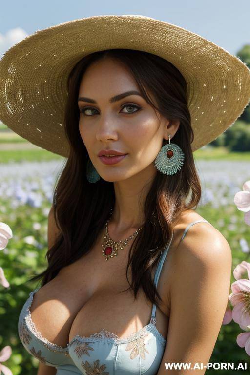ultra realistic hot busty woman brunette, green eyes, straw hat, necklace, bracelets, earrings, makeup, light-blue floral sun dress, direct eye contact with viewer, - #main