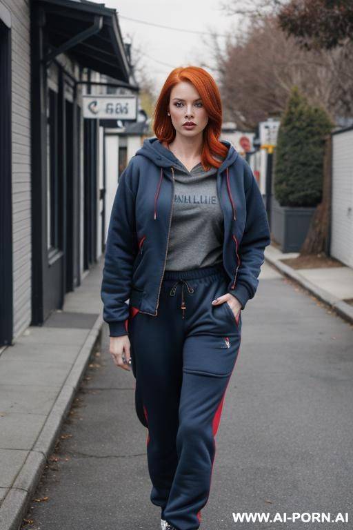 redhead woman, full body, standing, triangle hips, thick thighs, wearing dark blue bomber pants, dark blue hooded sweatshirt, walking through the neighborhood streets - #main