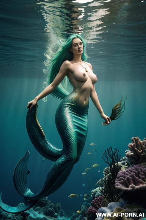 ((topless)), (long silky hair), (necklace), ((mermaid in deep sea)), fishtail, reef - #main