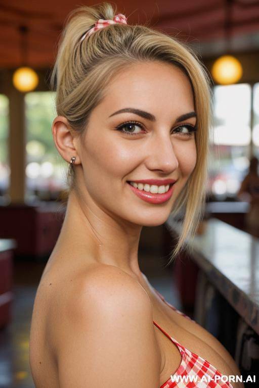 rubia, grandes tetas sentada en un coche - #main