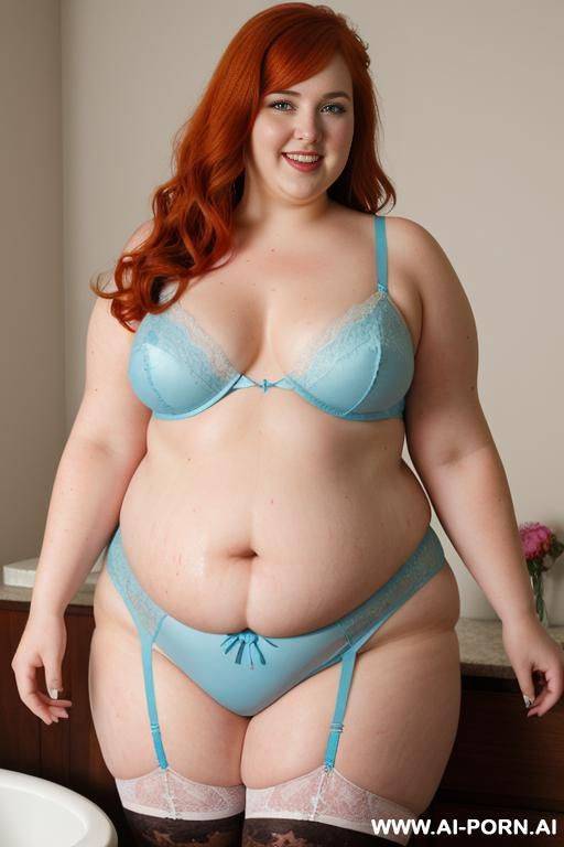 half-length photo, as a setting in the livingroom area, a fat chubby (very obese with hips) fat thick and bbw redhead british, she is washing clothes and is soaked in foamy water. ((she has - #main