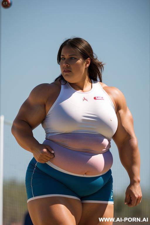female shotputter, obese muscled bulked up, huge thighs - #main