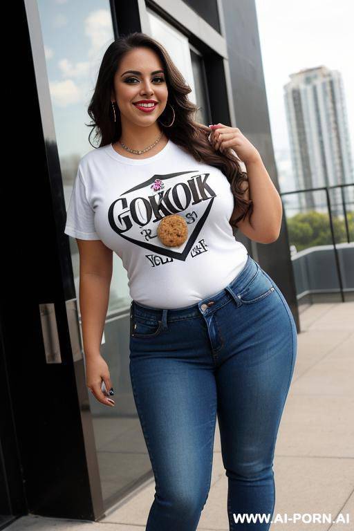 latina, , hourglass figure, bimbo, high rise jeans, very tan, band tshirt, holding g cookie - #main